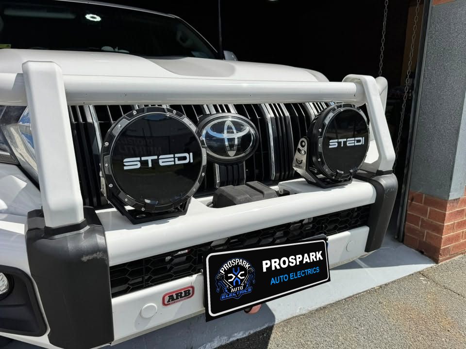 Toyota with STEDI driving lights mounted on an ARB bullbar