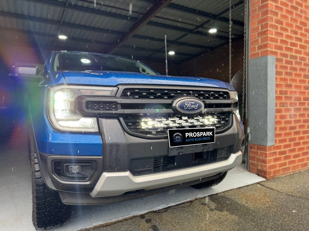 Ford Ranger with an LED light bar in the lower grille, switched on