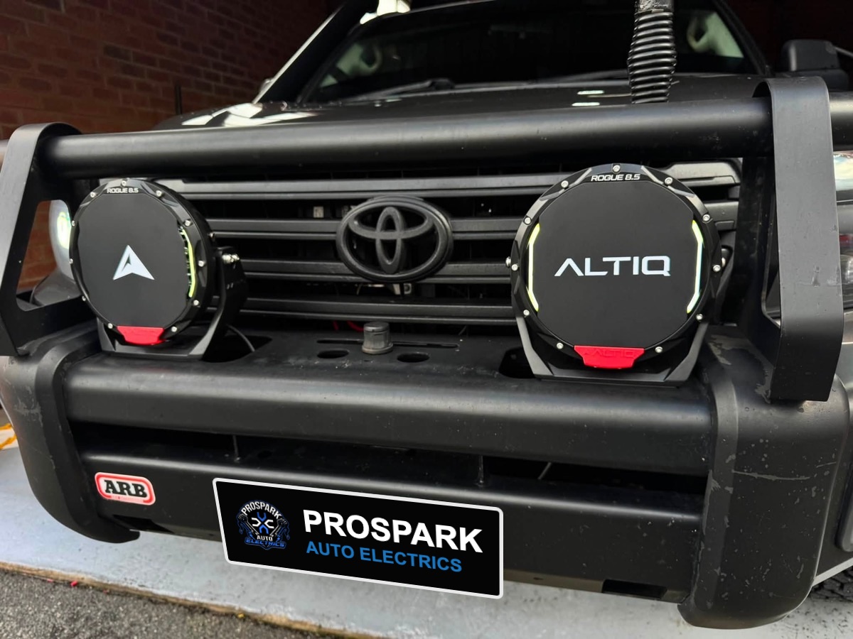 ALTIQ Rogue 8.5 driving lights fitted to a Toyota with an ARB bullbar